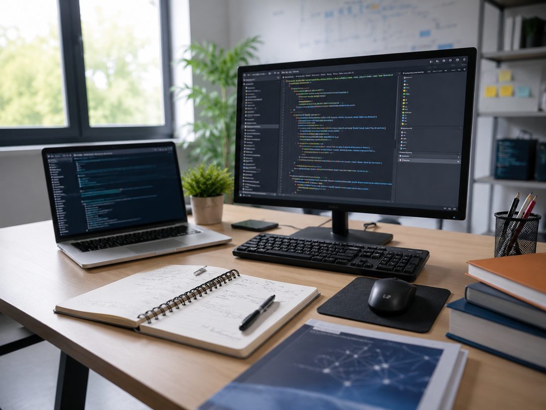 Ambiente de estudos com computador e materiais